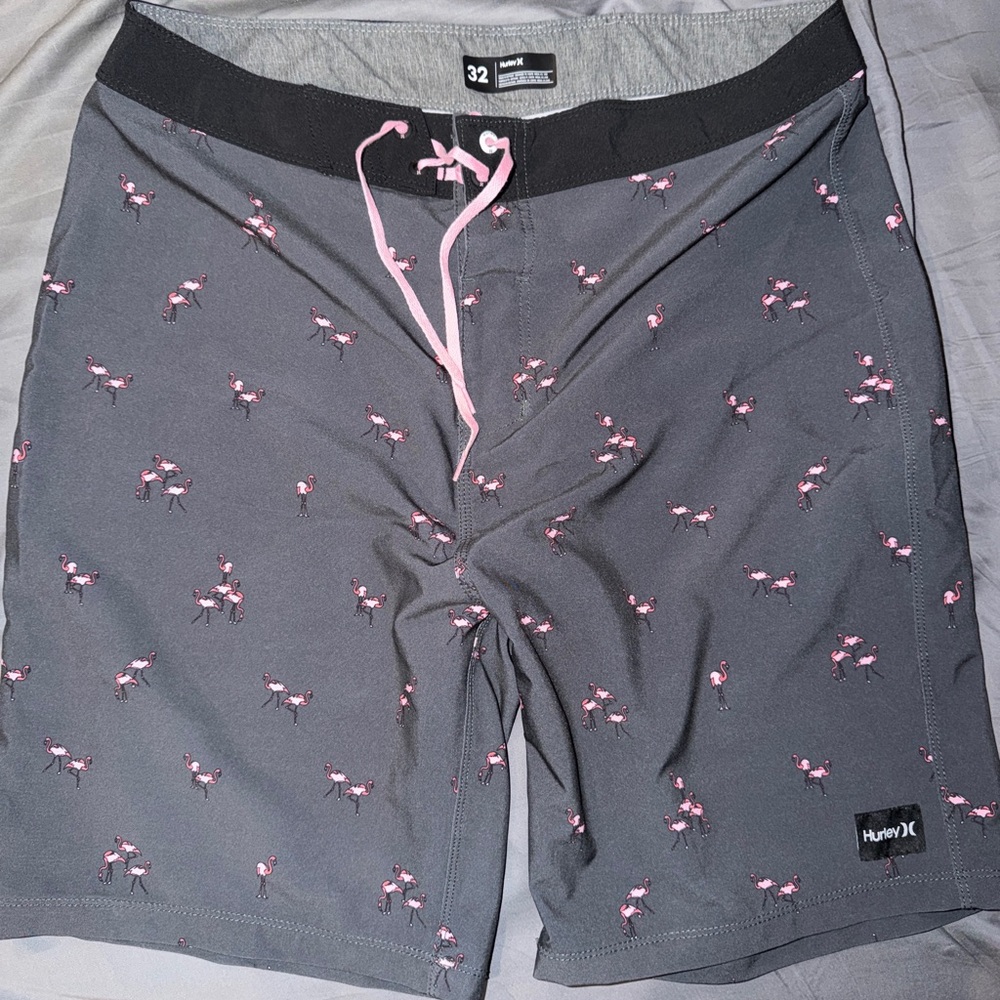 Hurley Men’s Gray Swim Board Shorts with Pink Flamingo Accents